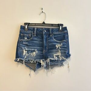 American Eagle Outfitters Ripped Blue Jean Shorts Hi Rise Shortie Dark Wash 2